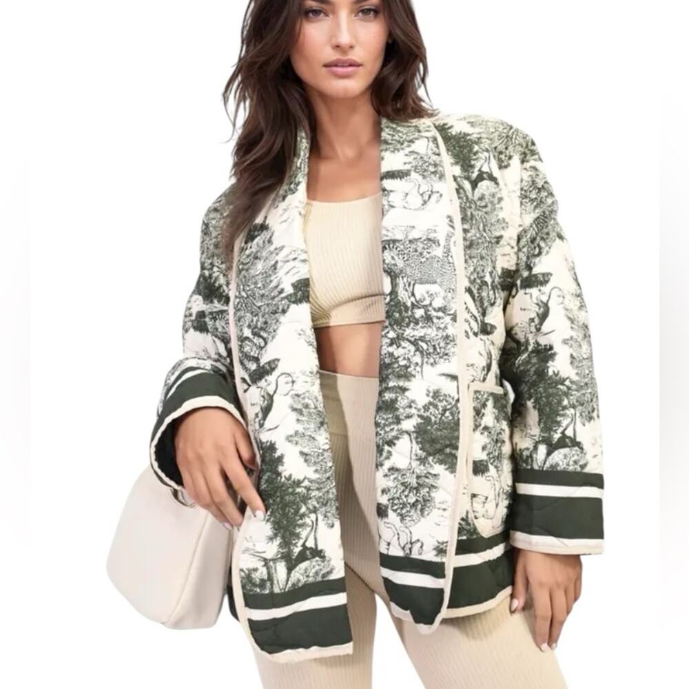 Evelyn Lapel Quilted Open Green Cream Women's Jacket NWTs Animal Print large
